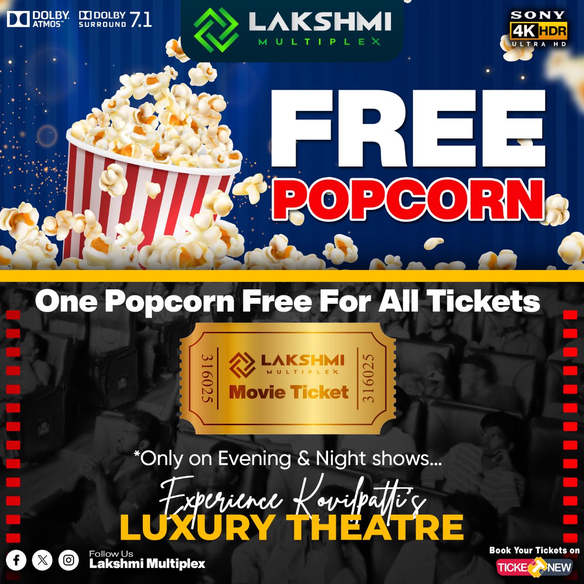 One Popcorn Free for All Tickets 🤩✨🍿 @lakshmimulti #lakshmicinemas #kovilpatti