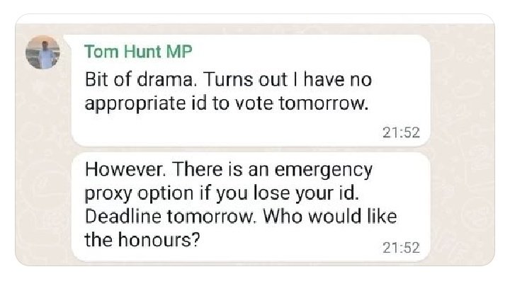 @tomhunt1988 But isn't this you saying (on Wednesday) thst it turns out you 'have no appropriate id'? That's really not the same thing as losing it on Thursday due to dyspraxia.