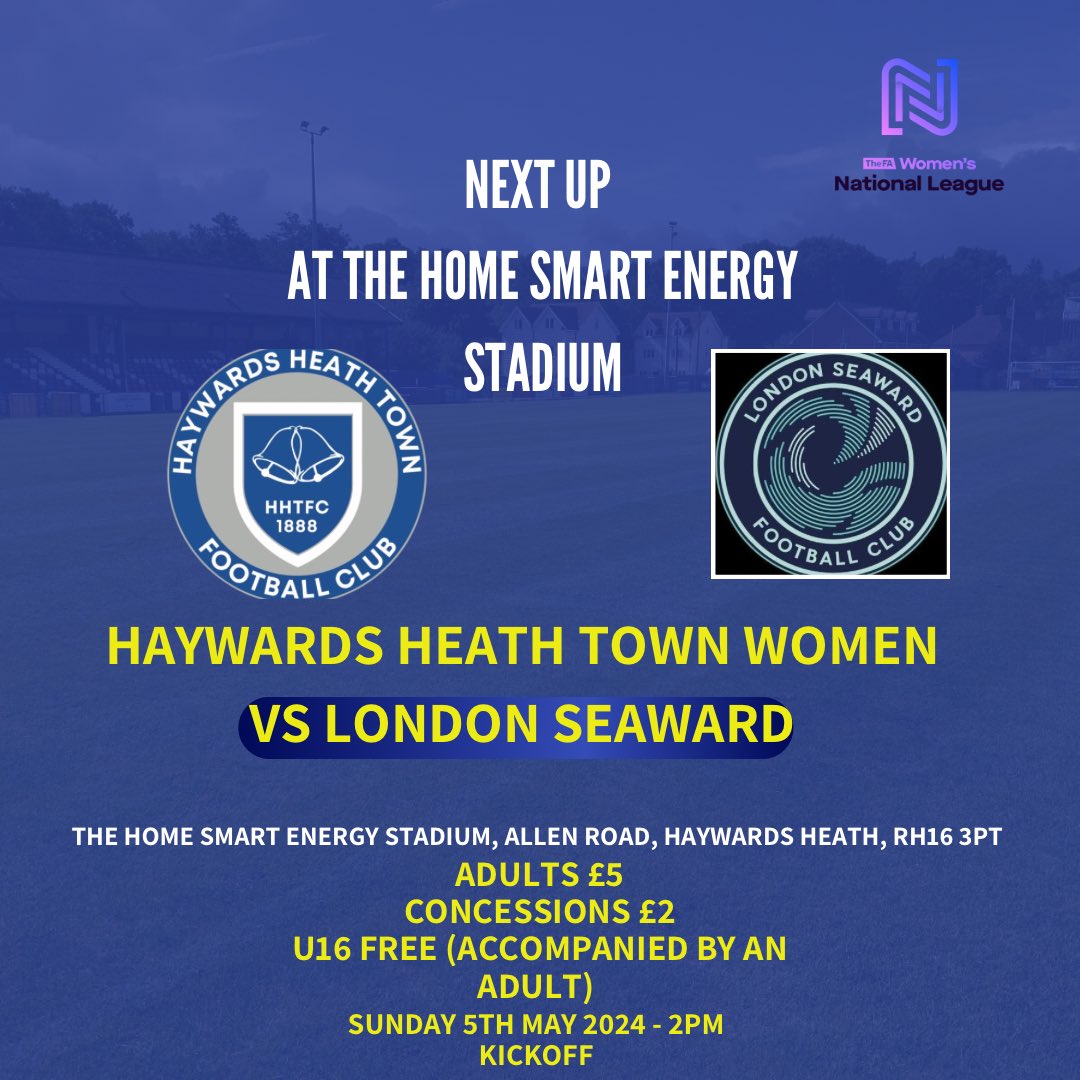 This Sunday we welcome @LondonSeawardFC for our final @FAWNL Match of the season. Come cheer on the Heath, we look forward to seeing you. 💙🤍 🍺 Fully stocked bar ⏰ 2pm Kick-off 🎟️ Adult £5, Concessions £2, U16 FREE (must be accompanied) #oneteamonetown