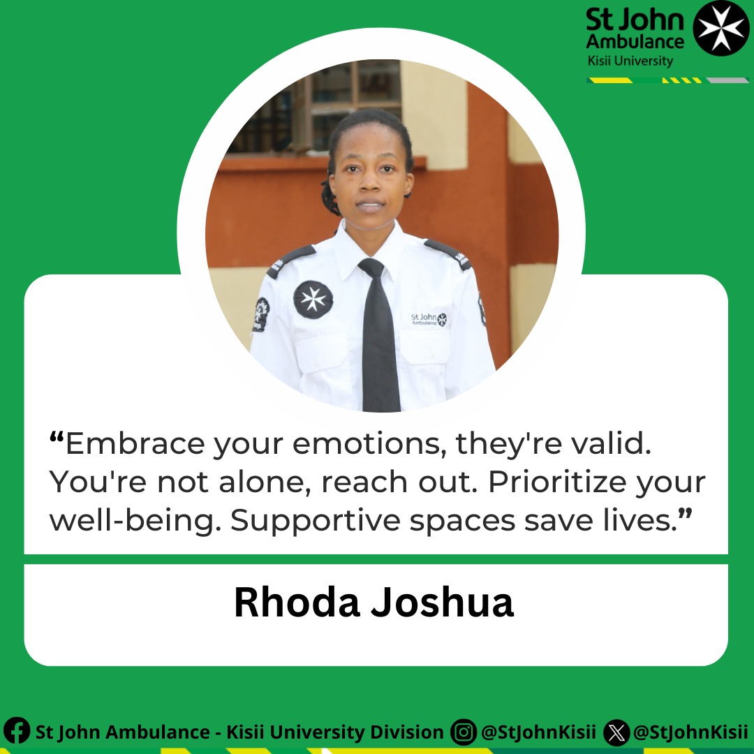 Embrace your emotions, they're valid.
You're not alone, reach out. Prioritize your well-being. Supportive spaces save lives. Small steps lead to big changes. #mentalhealthawareness #StJohnKisii #KisiiUniversity