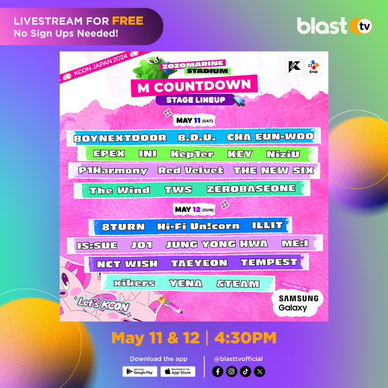 Calling out KPOP Fans! Annyeong! 💗✨ KCON Japan 2024 is happening on May 11 & 12 at 4:30PM and you can STREAM IT LIVE FOR FREE exclusively on BlastTV — no signups needed! Just download the BlastTV app to watch! 🫧 Download the app here: onelink.to/busup8