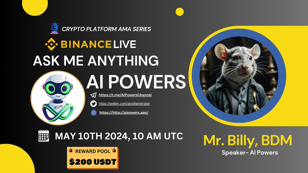 🎙Don't miss the opportunity to join us for a #BinanceLiveAMA with AI POWERS .

◾️Leading company committed to redefining digital asset management. 

🕰 10th MAY, 10 AM UTC
💰 $200 USDT. 

🏛 Venue: binance.com/en/live/video?…   

📌 Rules:
1️⃣ Follow @aividgenerator