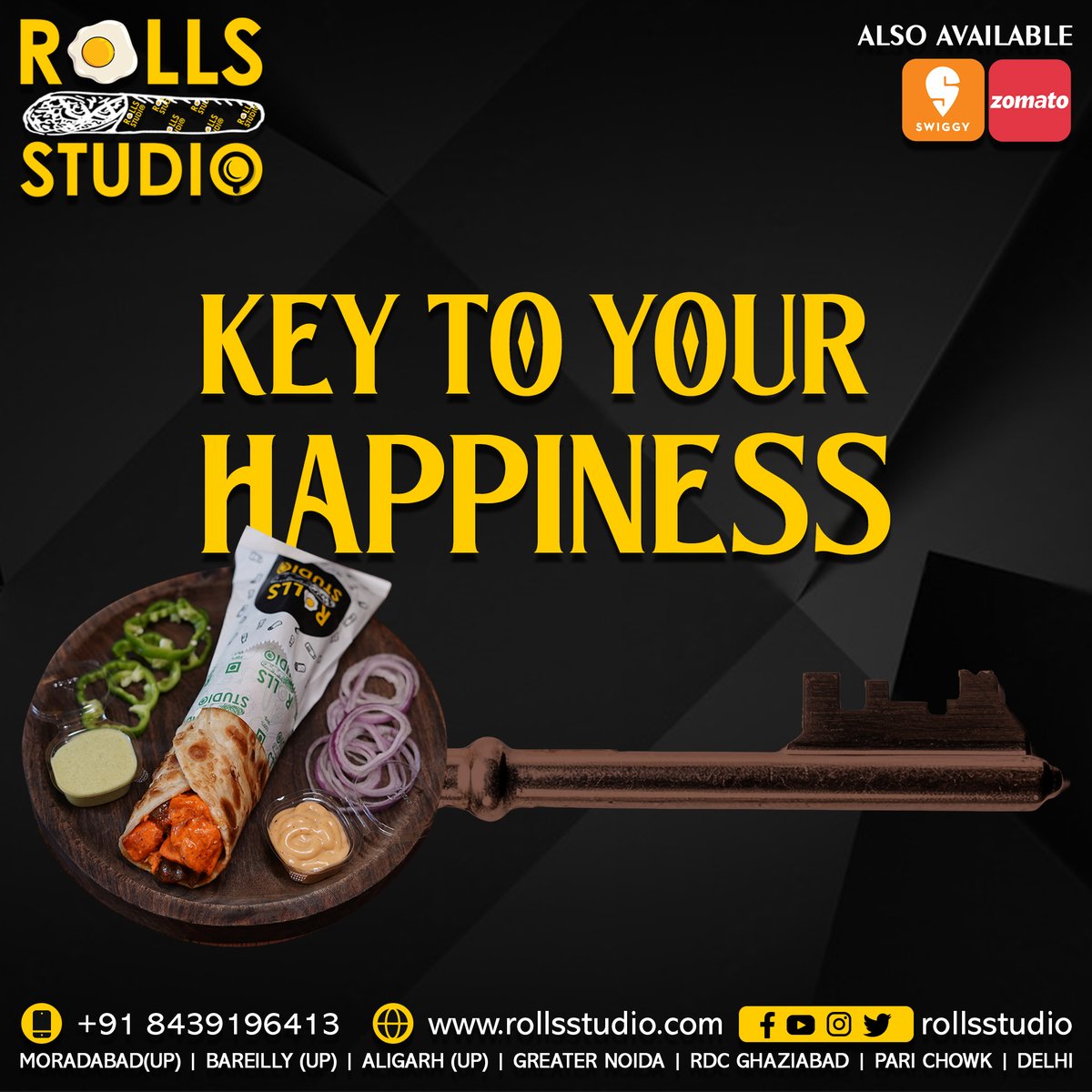 Find your secret to happiness at Rolls Studio. We serve delicious and delectable rolls.
.
.
Order Online at Zomato & Swiggy Follow @rollsstudioofficial
.
.
#RollsStudio #BestRolls #YummyBites #TasteOfAligarh #RollingDelights #SatisfyingSnacks #FoodieFinds #DeliciousEats