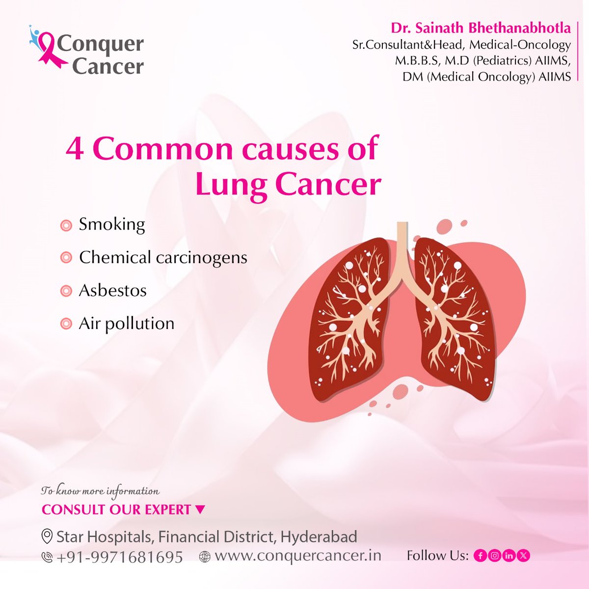 🚭Ignite change by snuffing out the causes of lung cancer! From smoking to exposure to chemical carcinogens, asbestos, and air pollution, let's clear the air and conquer cancer together! 💪
#ConquerCancer #CancerPrevention #CancerTreatment #Nanakramguda #financialdistrict