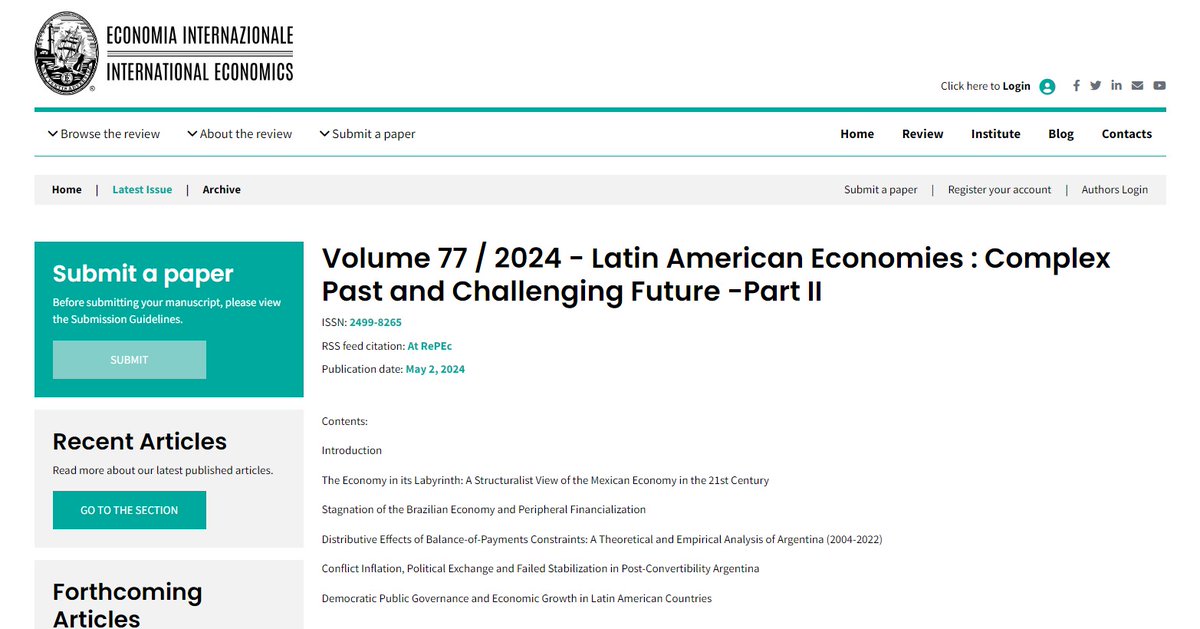 Latin American Econ's: Complex Past and Challenging Future (Part II) 2nd special issue of EI/IE contains 5 essays that allow the reader to extend the comprehension of what is happening in LA More: iei1946.it/issue/69/77-la…… @redale964 @gecamcom @CasaAmerica1 @MGF91