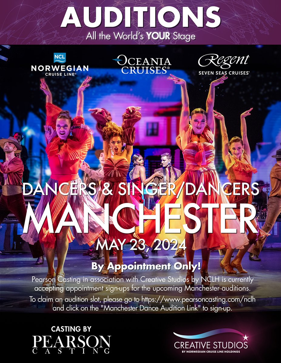 OPEN CALL MANCHESTER - DANCERS & SINGER/DANCERS! 💃🕺 Seeking outstanding production dancers & singer/dancers for Creative Studios By Norwegian Cruise Line Holdings. Digital sign up here - pearsoncasting.com/nclh #dancers #singerdancers #cruise #travel #auditions