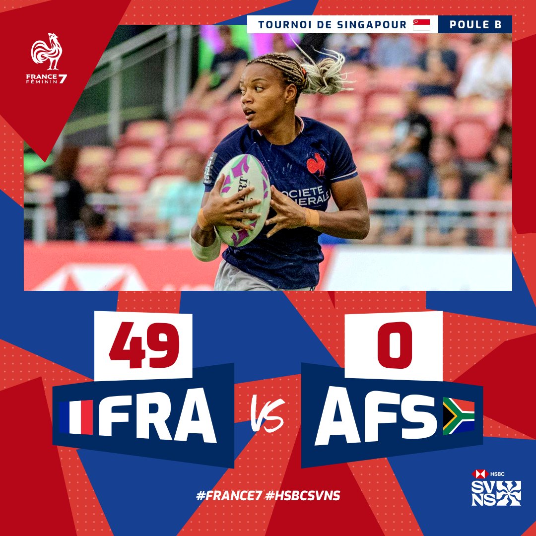 🇫🇷🇿🇦 Deuxième match et deuxième victoire pour les Bleues de #France7 à Singapour ! 🔜 Elles sont 𝐪𝐮𝐚𝐥𝐢𝐟𝐢𝐞́𝐞𝐬 pour les 1/4 de finale et joueront la première place de la poule demain à 5h22 contre les 🇺🇸 USA ! #HSBCSVNSSGP | @SVNSSeries