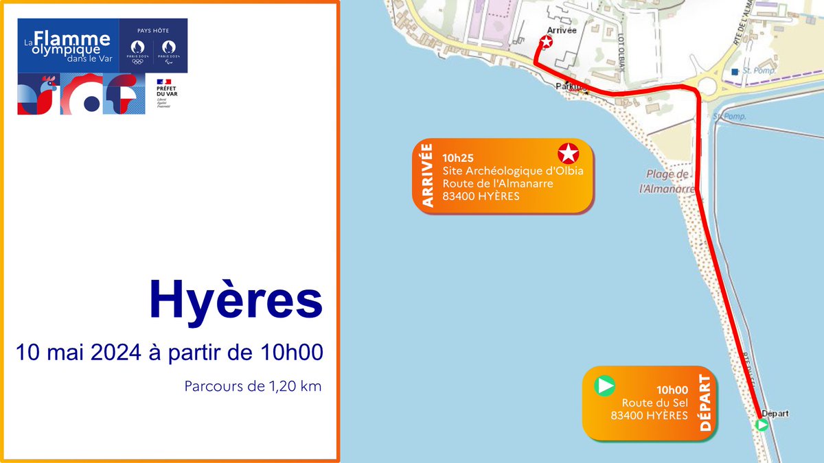 #RelaisDeLaFlamme |⌛ J-8 avant le passage de la Flamme Olympique dans le #Var.
📌 Retrouvez chaque jour une étape de la Flamme. Aujourd'hui, Hyères ⤵
ℹ Animations, circulation, stationnement, sécurité, toutes les infos ici 👉 var.gouv.fr/Actions-de-l-E…