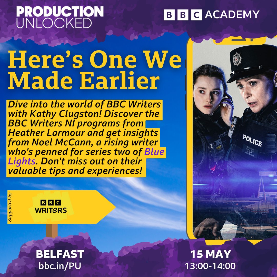 📝 Explore the world of writing with @BBCWritersroom NI at #ProductionUnlocked. Join @KathyClugston and special guest Noel McCann to discover new talent and top tips. 🎟 Book now: bbc.in/PU