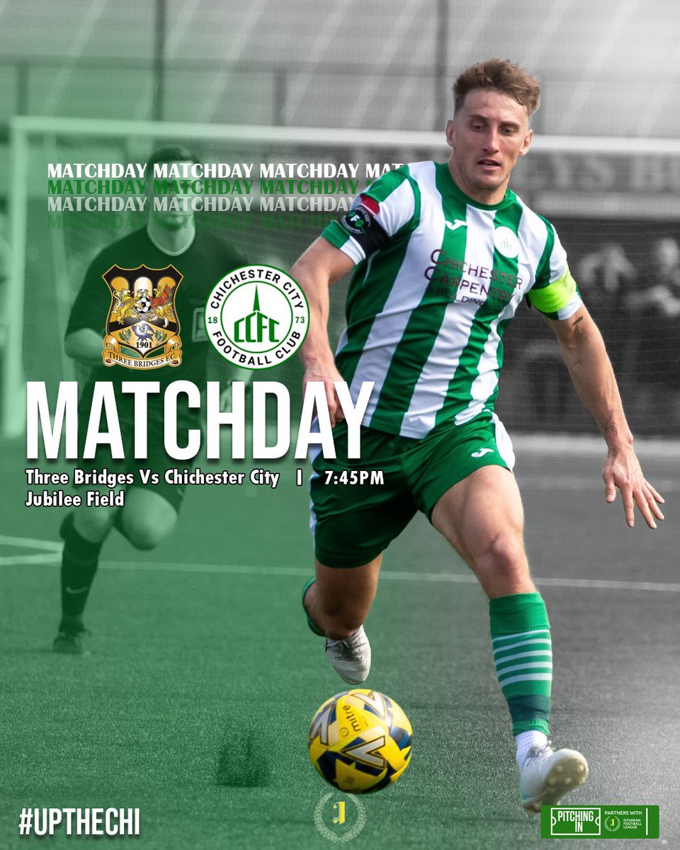 ⚽️💚 𝗠𝗔𝗧𝗖𝗛𝗗𝗔𝗬 🤍⚽️ A place in the Isthmian Premier up for grabs! ⚔️@ThreeBridgesFC 🏟️ Jubilee Field 🕖 7:45PM 📋 @IsthmianLeague SE Division Play Off Final 🎟️ £10 adults, £5 concs, £3 children #️⃣ #UpTheChi 🟢⚪️ Tickets still available online: threebridgesfc.ktckts.com/event/thb23240…