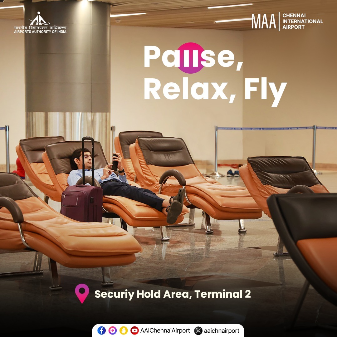 Need a moment of calm before your flight? Relax in the comfortable recliner chairs located in the Security Hold Area (SHA) of Terminal 2 at Chennai International Airport. #ChennaiAirport @AAI_Official | @MoCA_GoI