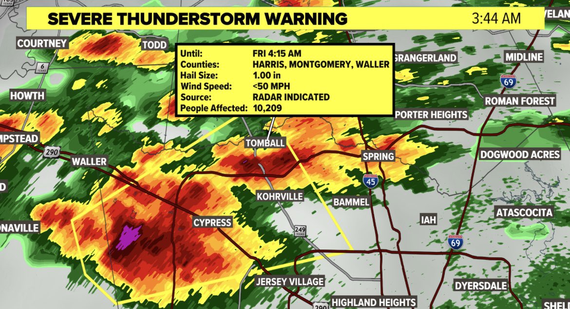 Harris County❗️ Severe Thunderstorm ⚠️ Hail, strong wind at 50 mph, and heavy rain moving into the Cypress, Tomball and Kohrville area. @KHOU #khou11