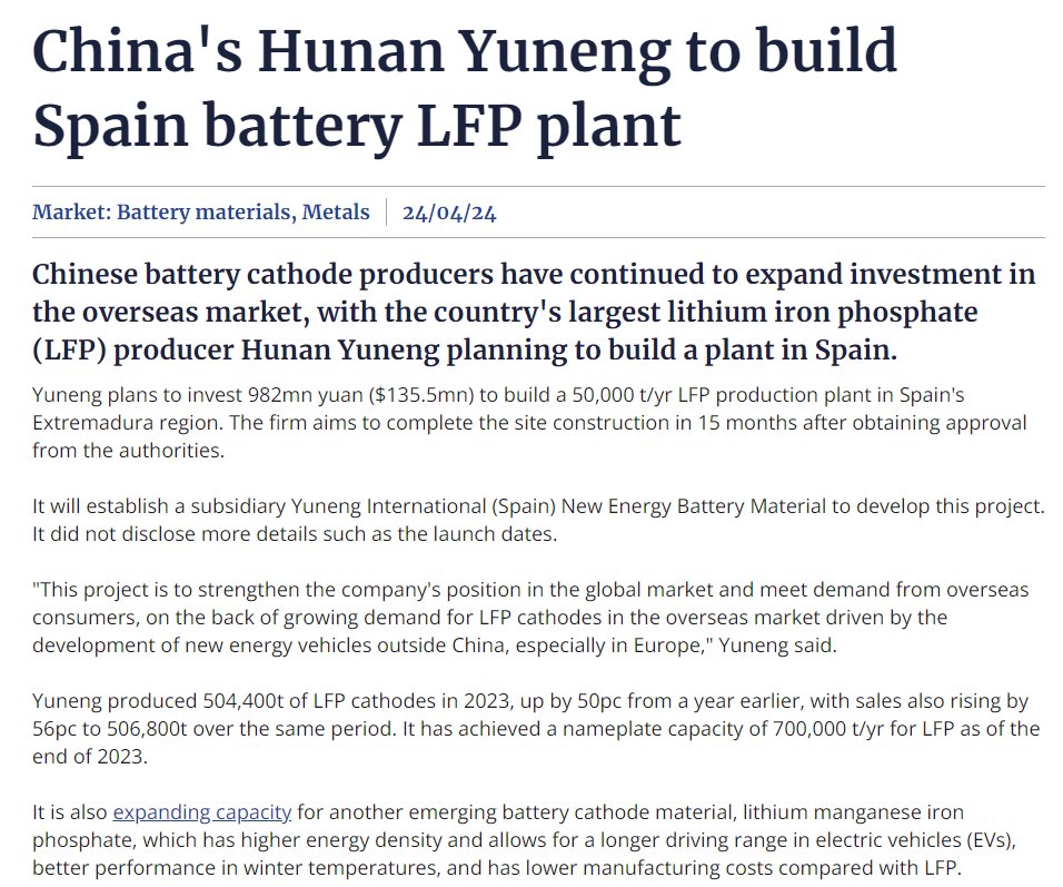 More Chinese upstream battery FDI in Europe: Hunan Yuneng, one of China's biggest cathode material producer, announced its first overseas investment in Spain. This follows similar Chinese investments in Finland, Sweden, Morocco, and South Korea.
