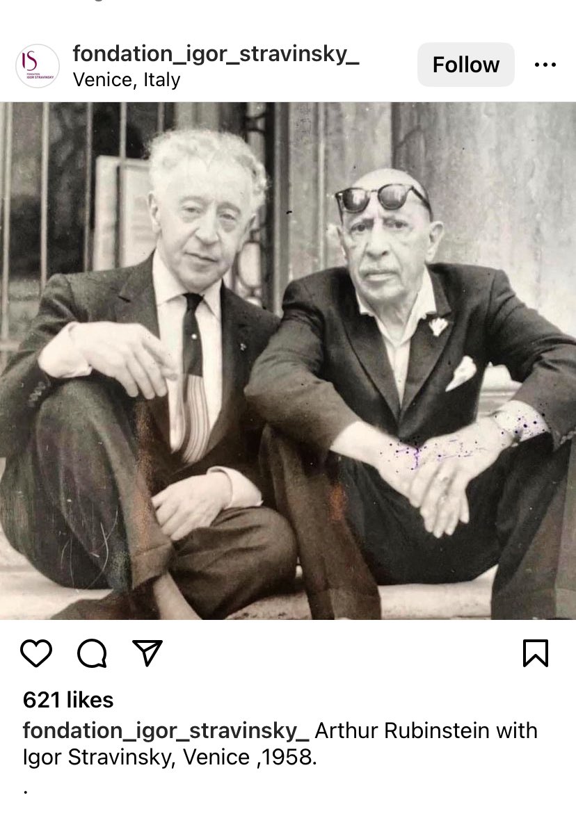 Picture of Arthur Rubinstein and Igor Stravinsky. Copied from Instagram account.