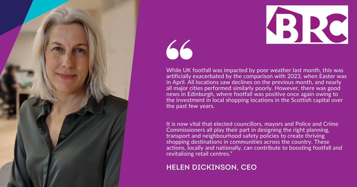 Footfall down in April 📉 Today's BRC-@Sensormatic IQ Footfall Monitor shows footfall fell 7.2% across the UK (year on year) in April. Read the thoughts of CEO, Helen Dickinson, below👇 brc.org.uk/news/corporate…
