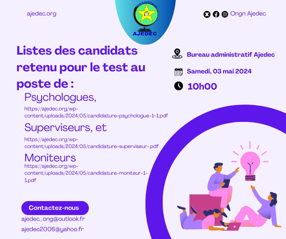 Listes des candidats retenue pour le poste de :
- Psychologues : ajedec.org/wp-content/upl…
- Superviseurs : ajedec.org/wp-content/upl…
- Moniteurs : ajedec.org/wp-content/upl…
Le test est prévu pour ce Samedi 04 mai 2024 à 10h00, bureau Ongn Ajedec.
Bonne chance à tous !