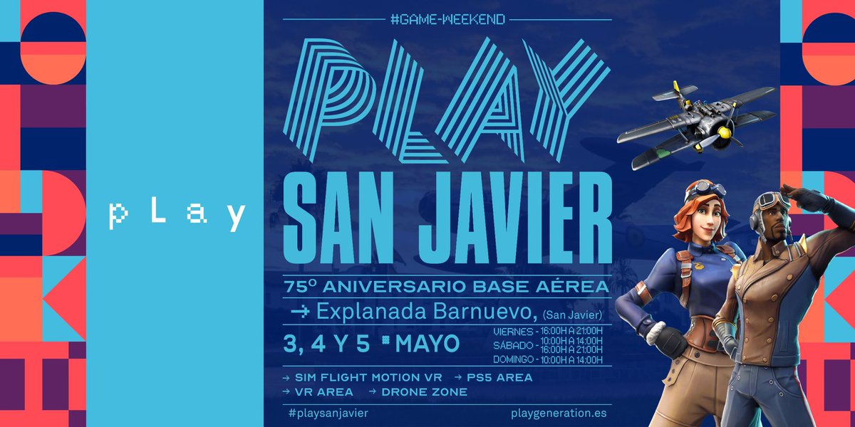 ¡Buenos días players! 😎☕️

Con motivo del 75º aniversario de la Base Aérea de San Javier ✈️, os tenemos preparado un fin de semana de altos vuelos y pilotaje 🎮

🔵 PLAY SAN JAVIER #Game-Weekend 

📅 3, 4 y 5 Mayo
🕒 Horarios:
• Viernes: 16:00h a 21:00h
• Sábado: 10:00h a
