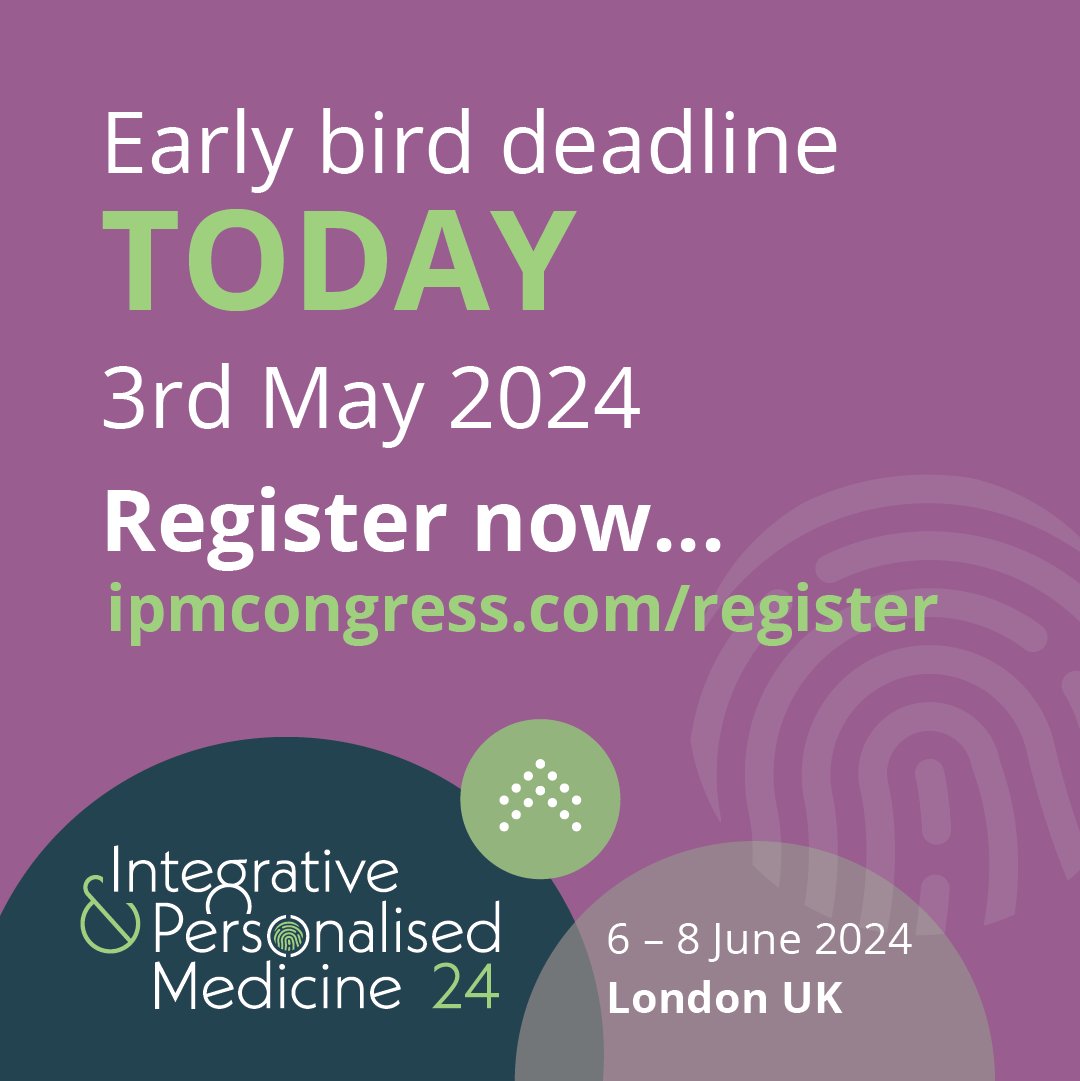 Don't forget today is the last day to register for the #ipmcongress at the early bird rates!!! Registrations are flooding in and space is limited so if you are planning on joining us, be quick! Don't miss out: bit.ly/ipmcongress #integrativemedicine #personalisedmedicine