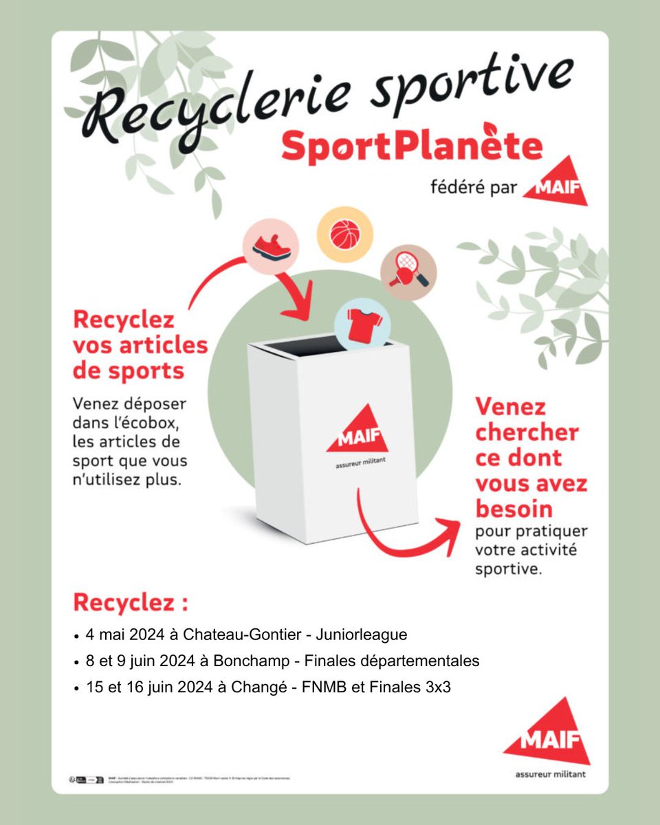 ♻️Pratiquons un basket responsable avec l'écobox !♻️

Principe :
Venez déposer dans l'écobox les articles de sport que vous n'utilisez plus. Ces articles seront ensuite envoyés à une association afin d'être réutilisés.

Offrez une nouvelle vie à vos articles de sport !🌍