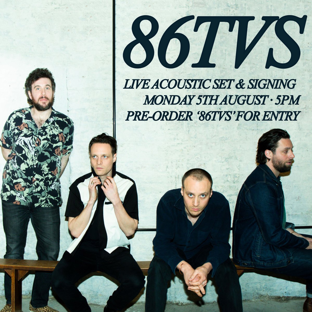 86TVs in-store! 📺 We're delighted to welcome 86TVs to Jumbo for a special acoustic in-store gig and signing on 05/08. Comprised of former Maccabees members- this should be a very busy one! For entry to the gig, pre-order the debut album from us here: jumborecords.co.uk/news-single.as…