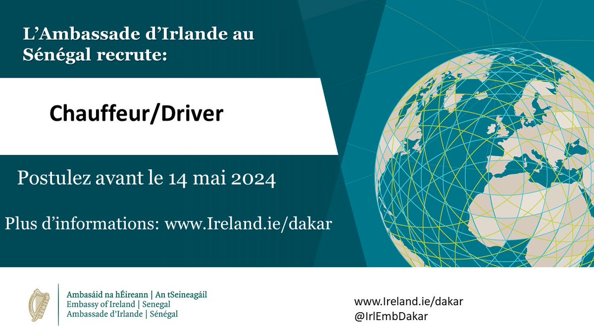 📢L'Ambassade d'Irlande à Dakar recrute pour le poste de Chauffeur📢 Plus d'information 👇ireland.ie/en/senegal/dak…