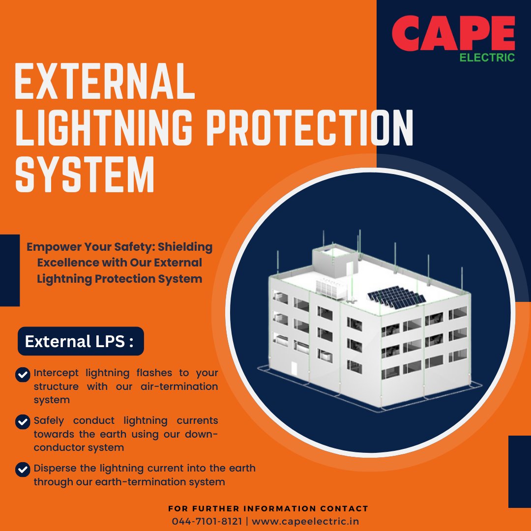 Our External Lightning Protection System is designed to shield your building from the devastating effects of lightning strikes. 

Reach out to us :zurl.co/2O2B

#Lightningprotection #Capeelectric #Electricalsafety #ExternalLightningProtectionSystem