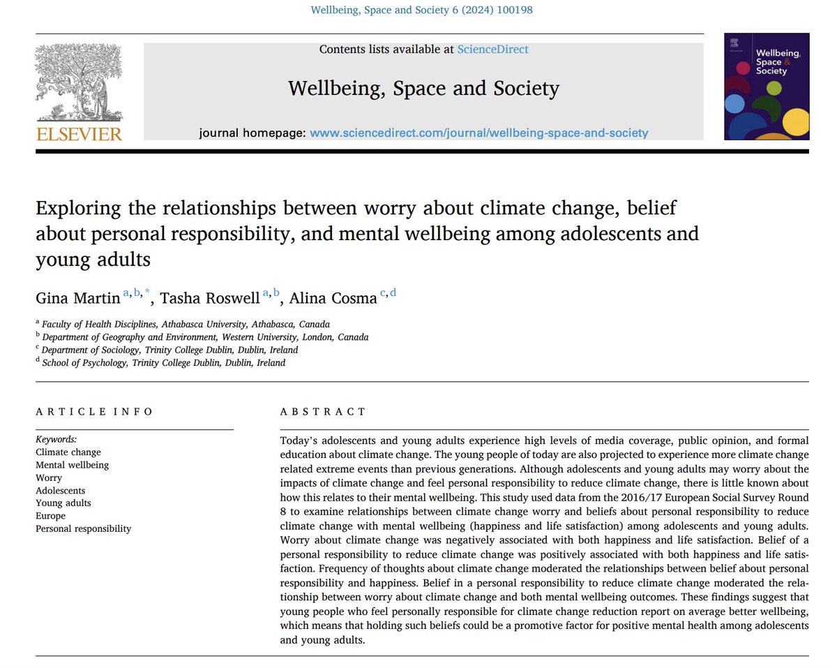 🚨🔊

In our new #openaccess paper (w/ <a href="/gcmartin_/">Gina Martin</a> ) using a subsample from the 2017 <a href="/ESS_Survey/">European Social Survey</a> (#adolescents &amp; young adults &lt;35), we examined relationships between #climatechange worry and beliefs about personal responsibility to reduce climate change with #mental #wellbeing.