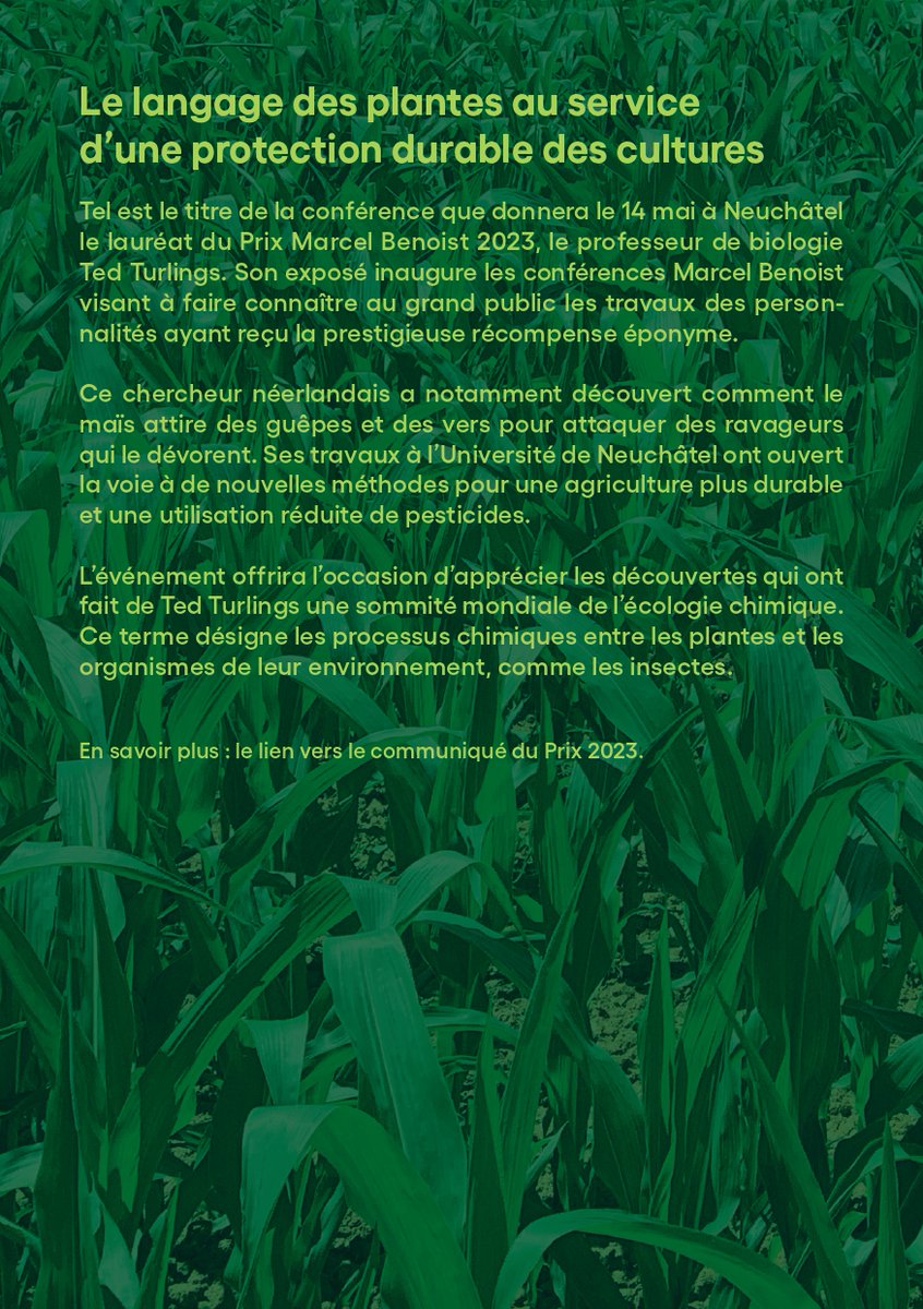 Did you know that when maize is attacked by pests it attracts worms and wasps to defend itself against pests? Ted Turlings, winner of the 2023 Marcel Benoist Prize, will talk about the language of plants and their role in sustainable agriculture at @UniNeuchatel on 14 May.