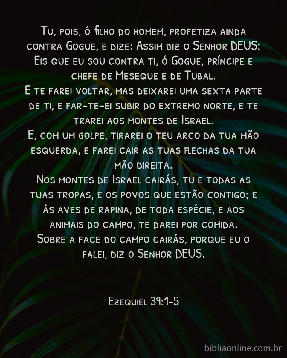 Ezequiel 39:1-5 - Almeida Revista e Corrigida(ARC),1969 
bibliaonline.com.br/acf/ez/39 

#Bíblia #BíbliaARC #ARC #Ezequiel #Ezequiel39 #Ez39 #Deus #profetaEzequiel #profecia #Gogue #Magogue #queda #derrota #sepultamento #rpSp #LEIA_A_BÍBLIA #ESTUDE_A_BÍBLIA #CONHEÇA_A_BÍBLIA