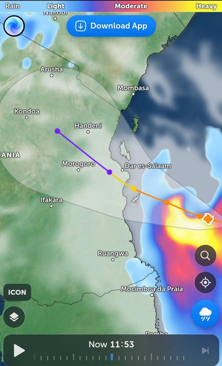 Hidaya has drastically changed path and will no longer pass between Dar and Zanzibar towards Mombasa but will pass just South of Dar into inland Tanzania Also upgraded to full cyclone with 140 kph winds Will affect Tanzania's 2 largest cities but Arusha slightly as at very edge