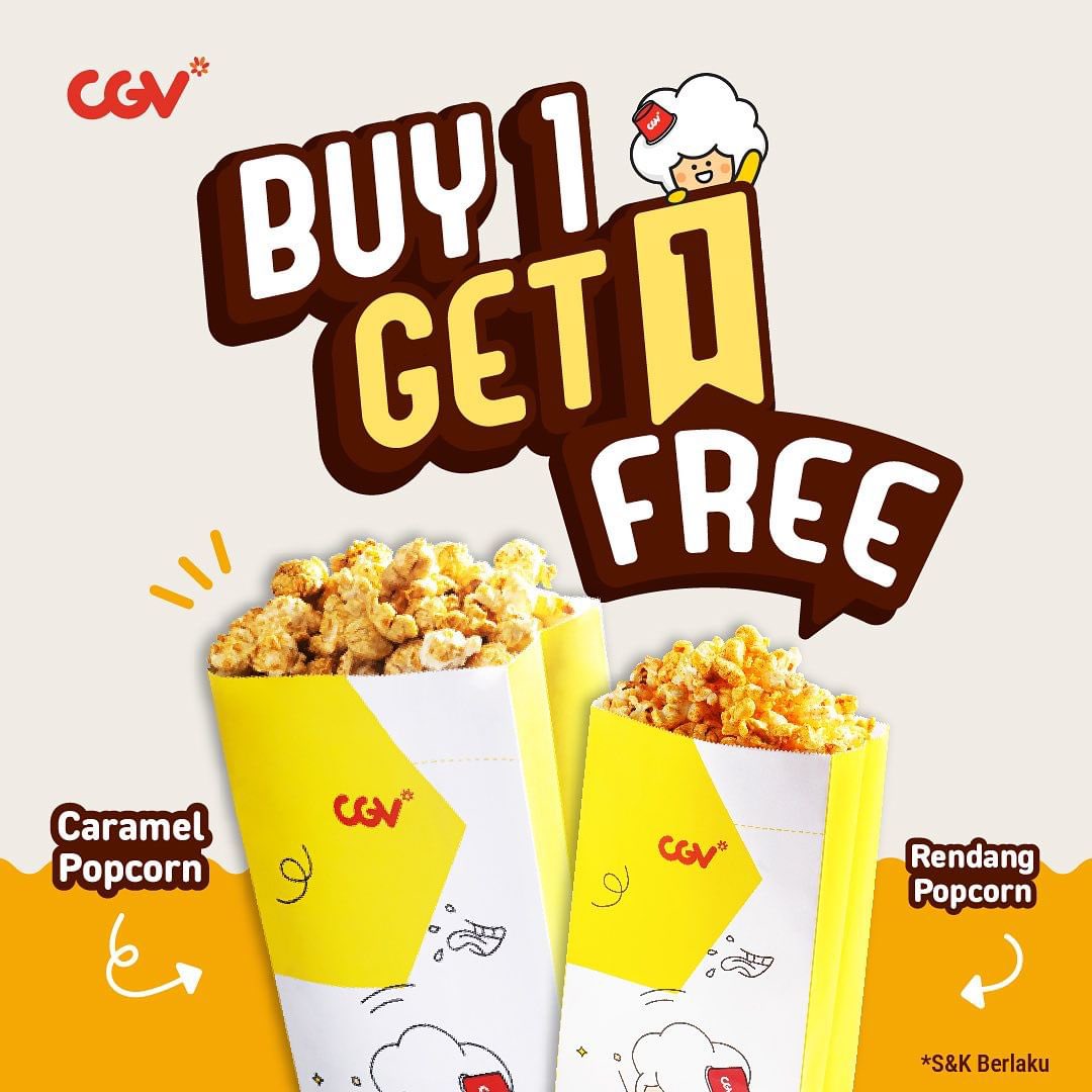 Kabar gembira buat kamu pecinta popcorn CGV 🍿 Mulai hari ini, setiap pembelian popcorn medium caramel kamu bisa dapet GRATIS Popcorn Rendang 🔥 Berlaku di seluruh CGV selama persediaan masih ada ya :) #JajanSerudiCGV #SemuaSerudiCGV