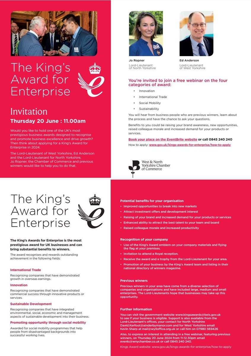 To businesses and organisations in West Yorkshire, please look at this link. If interested in the King'sAwardfor Enterprise, join webinar on 20th June gov.uk/kings-awards-f…