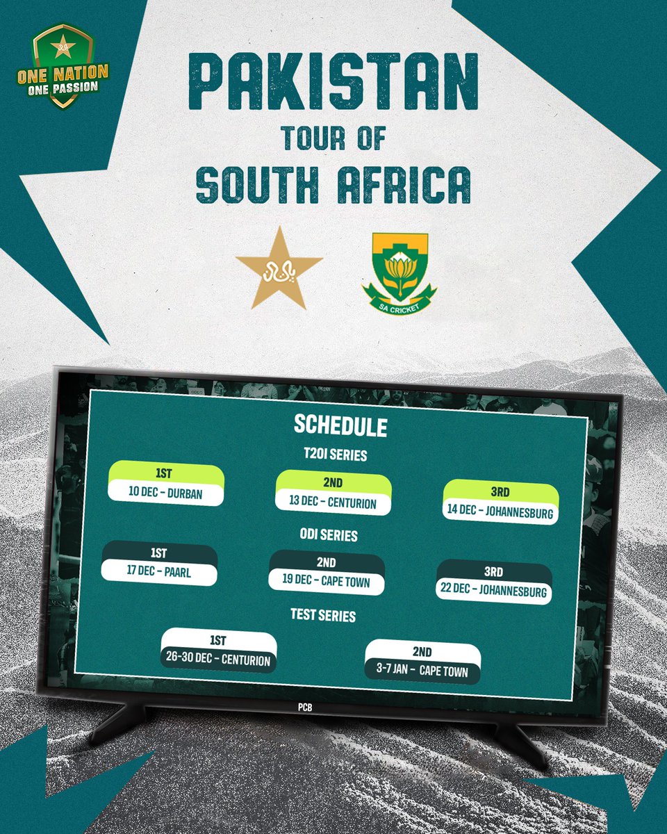 Breaking: Pakistan's tour to South Africa announced 🇵🇰🇿🇦🔥 1st T20I in Durban on Dec 10 2nd T20I in Centurion on Dec 13 3rd T20I in Johannesburg on Dec 14 1st ODI in Paarl on Dec 17 2nd ODI in Cape Town on Dec 19 3rd ODI in Johannesburg on Dec 22 1st Test in Centurion on Dec…