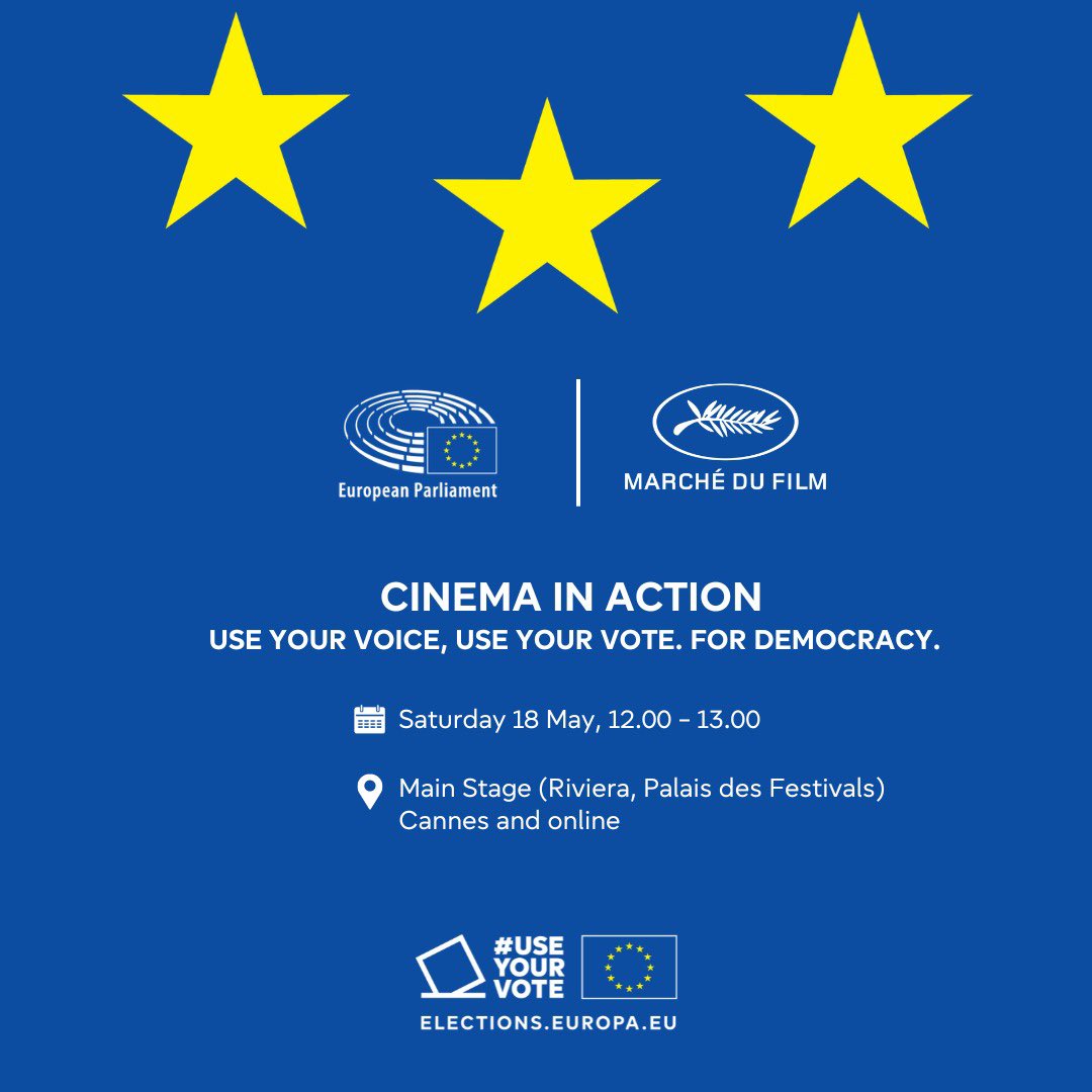 🗓️Join us on May 18 at @mdf_cannes for our conference ‘Cinema in Action’🇪🇺 🎬 The @Europarl_EN is raising a call for civic engagement and encouraging people to use their vote in the #EUelections2024 (6-9 June) Register at 👉ec.europa.eu/eusurvey/runne… #UseYourVote