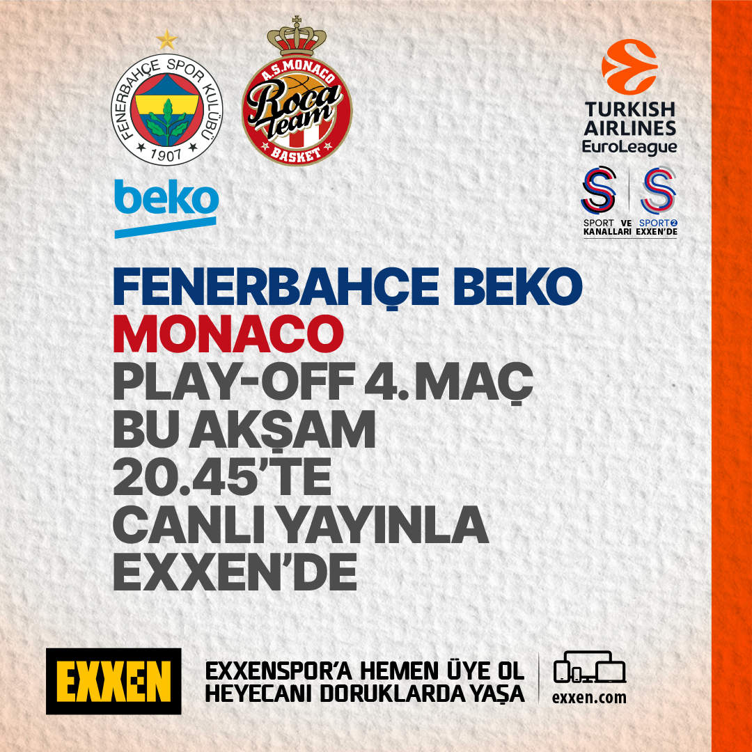 Turkish Airlines Euroleague play-off 4. maç heyecanında, Fenerbahçe Beko-Monaco karşı karşıya geliyor. Bu müthiş basketbol şöleni bu akşam 20.45’te S Sport’tan canlı yayınla Exxen’de. Hemen exxen.com’a gir, Exxenspor’a hemen üye ol, eğlenceyi ve heyecanı doruklarda…