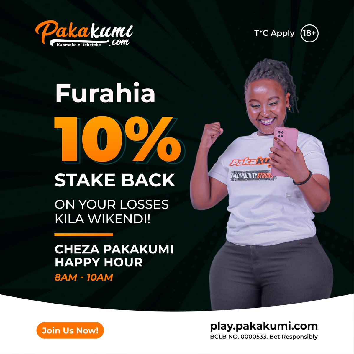 Tegea happy hour every weekend on Pakakumi and get 10% stake back on losses during that time🔥🤑 Play the game with the BIGGEST PAYOUTS in Kenya and win big! Pakakumi inalipa💸 Register today! play.pakakumi.com