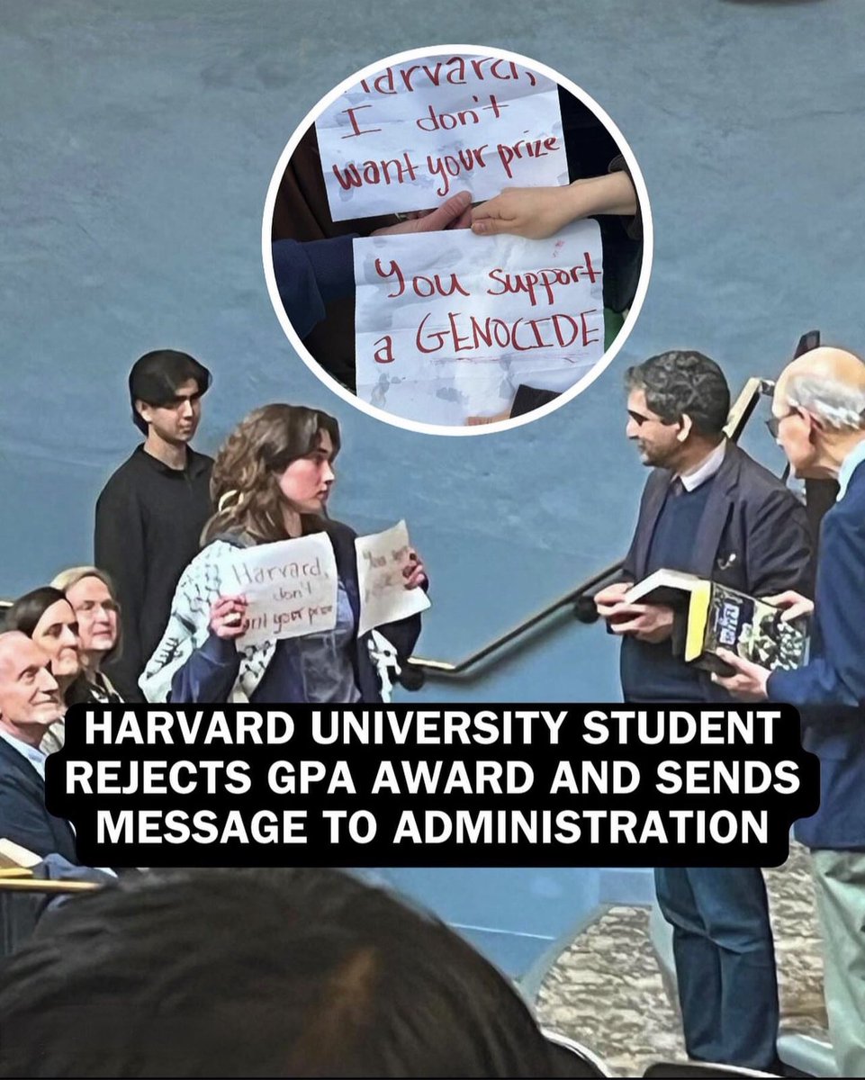 Dünyanın en prestijli üniversitelerinden #Harvard'ı Birincilikle bitiren öğrenci, okulun verdiği ödülü reddetti.

Gerekçesi ne? 'Çünkü siz, soykırımı destekliyorsunuz.'

Evet, #Gazze izzet ve onur mektebi. Özgürlük ve cesaret aşılıyor tüm dünyaya.

#FreePalestine #Küreselİntifada