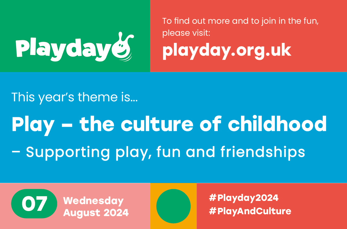 We are delighted to share that the theme for #Playday2024 is ... 𝗣𝗹𝗮𝘆 – 𝘁𝗵𝗲 𝗰𝘂𝗹𝘁𝘂𝗿𝗲 𝗼𝗳 𝗰𝗵𝗶𝗹𝗱𝗵𝗼𝗼𝗱 𝘚𝘶𝘱𝘱𝘰𝘳𝘵𝘪𝘯𝘨 𝘱𝘭𝘢𝘺, 𝘧𝘶𝘯 𝘢𝘯𝘥 𝘧𝘳𝘪𝘦𝘯𝘥𝘴𝘩𝘪𝘱𝘴 Find out more at playday.org.uk #PlayAndCulture