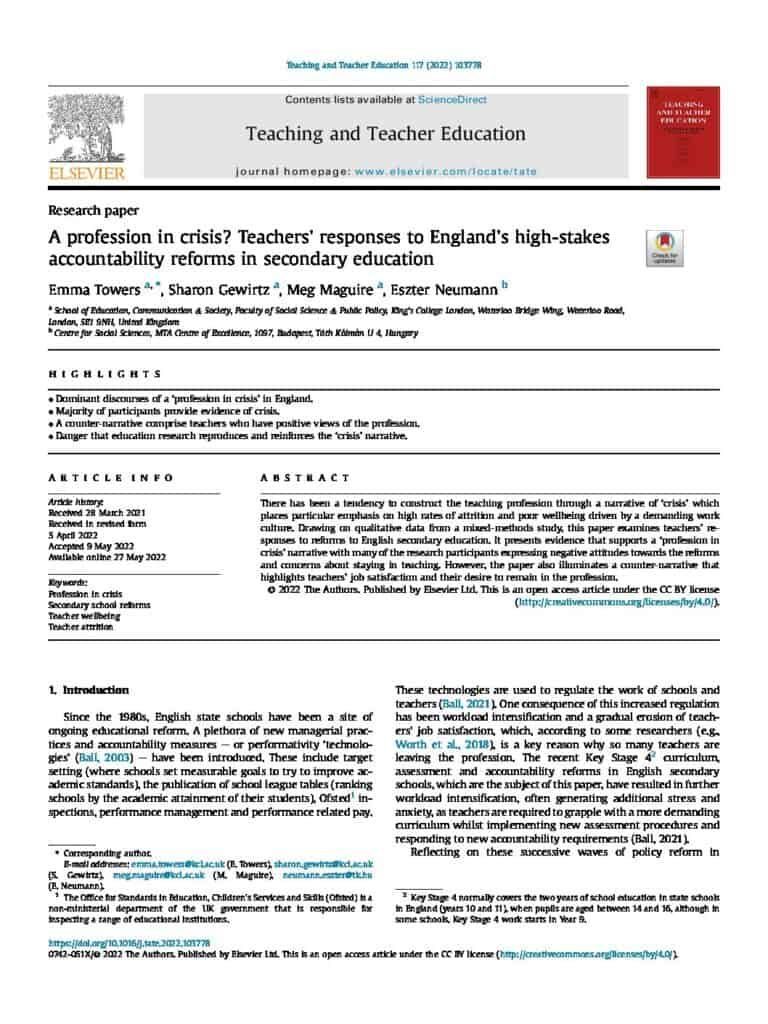 A profession in crisis? Teachers’ responses to England’s high-stakes accountability reforms in secondary education - Teachers' responses to reforms to English secondary education. Evidence that supports a ‘profession in crisis’ narrative. psch.la/4bp484V
