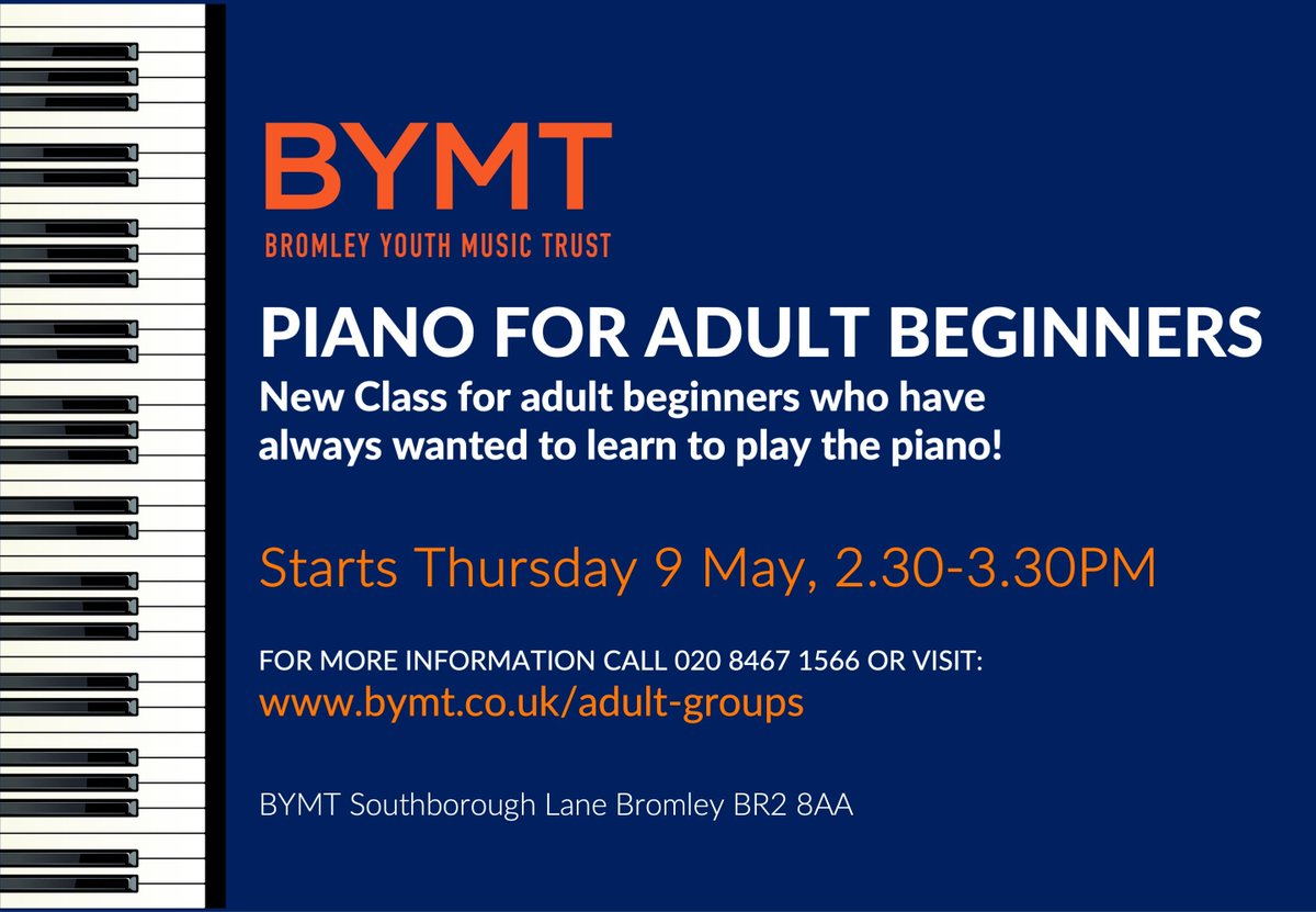 *New Class* Piano for Adult Beginners, starts Thursday 9 May 2.30pm. Have you always wanted to learn to play the piano? Come along and join this friendly beginners class. For more info call 020 8467 1566 or visit buff.ly/46ghqhl