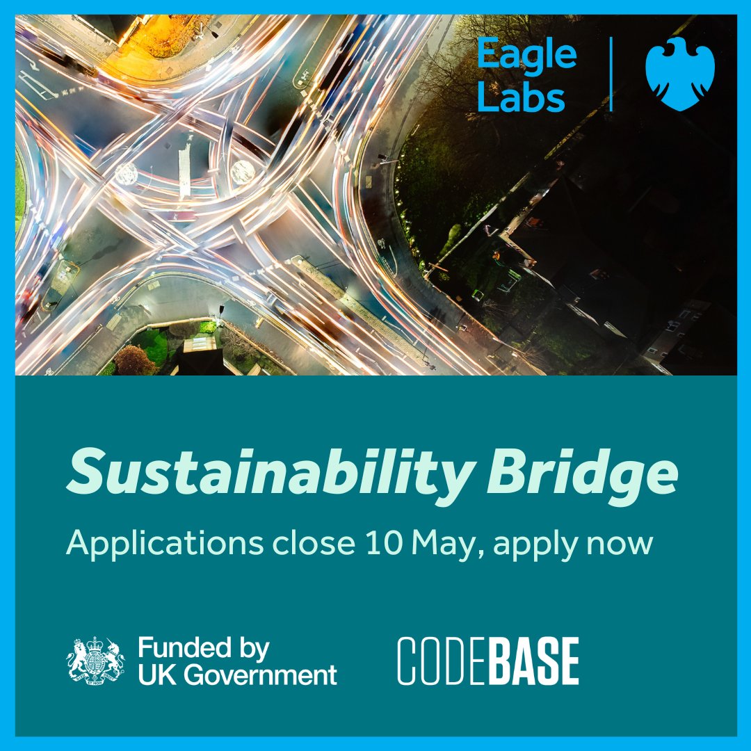 Applications close on 10 May for the Sustainability Bridge programme, delivered by CodeBase

Unlocking innovation to help support low-carbon transport systems. The programme connects corporations and startups to learn from each other, over seven workshops.
labs.uk.barclays/what-we-offer/…