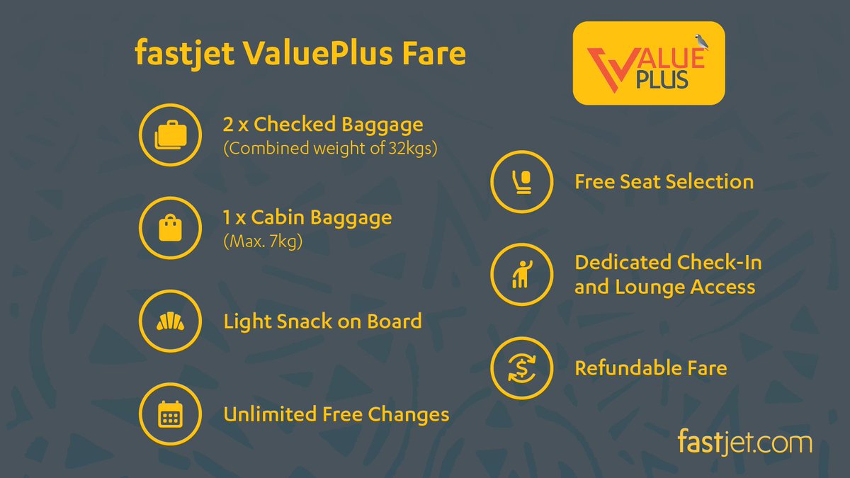 ValuePlus | Plus everything, Plus an extra bag, Plus lounge access, Plus unlimited changes, Plus Free seat selection book now via our website fastjet.com T&Cs Apply. #fastjet #ValuePlus #fares