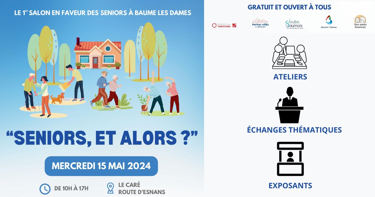 Notre adhérent le CCAS de Baume les Dames organisera son 1er salon "Séniors et alors ?" le 15 mai de 10h à 17h. Retrouvez le programme juste ici ➡️urlr.me/v1J3X