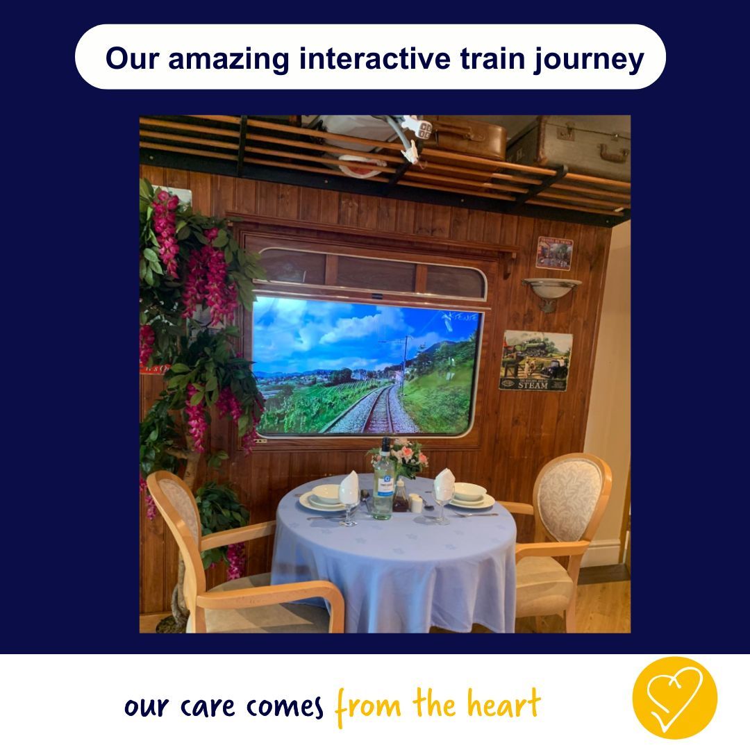 When actual travel is difficult, our interactive railway carriage dining room fits the bill perfectly. At Nevillle Williams House residents enjoy fine dining and the 'view' from the carriage window! Find out more here buff.ly/3Jz3xlb #BCOP #Nursinghome #SellyPark