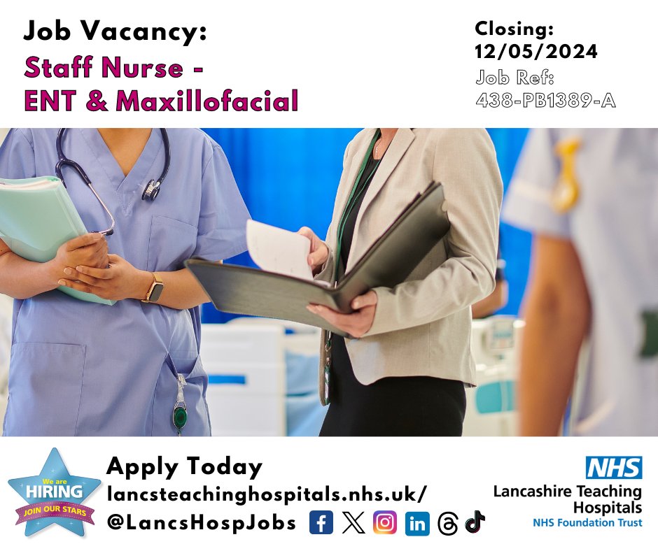 Job Vacancy: Staff Nurse - #ENT & #Maxillofacial @LancsHospitals 

⏰Closes: 12/05/2024

Read more and apply: lancsteachinghospitals.nhs.uk/join-our-workf…

#NHS #NHSjobs #Lancashire #Preston #Nurse #band5 #EarNoseThroat