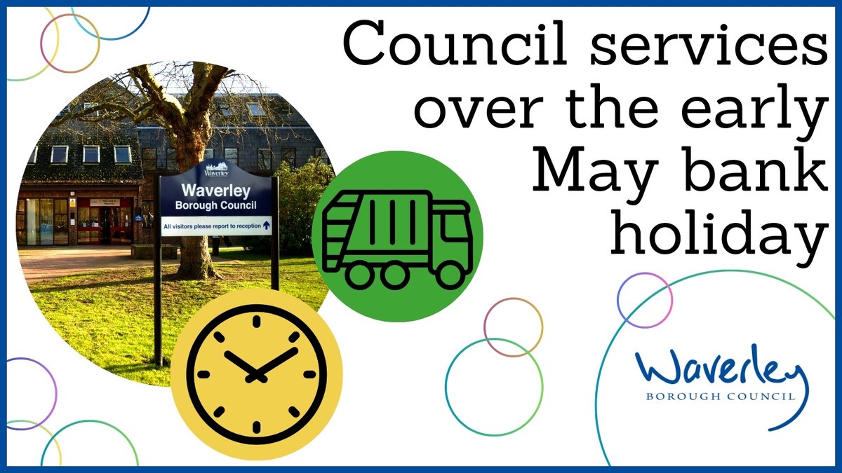 Waverley's offices close for the Early May Bank Holiday weekend at 4.45pm on Friday 3 May until 8.45am on Tuesday 7 May. Bin collections will take place as normal. If you receive Housing Benefit payments, this will be paid early on Friday 3 May. More 👉 orlo.uk/PUygK