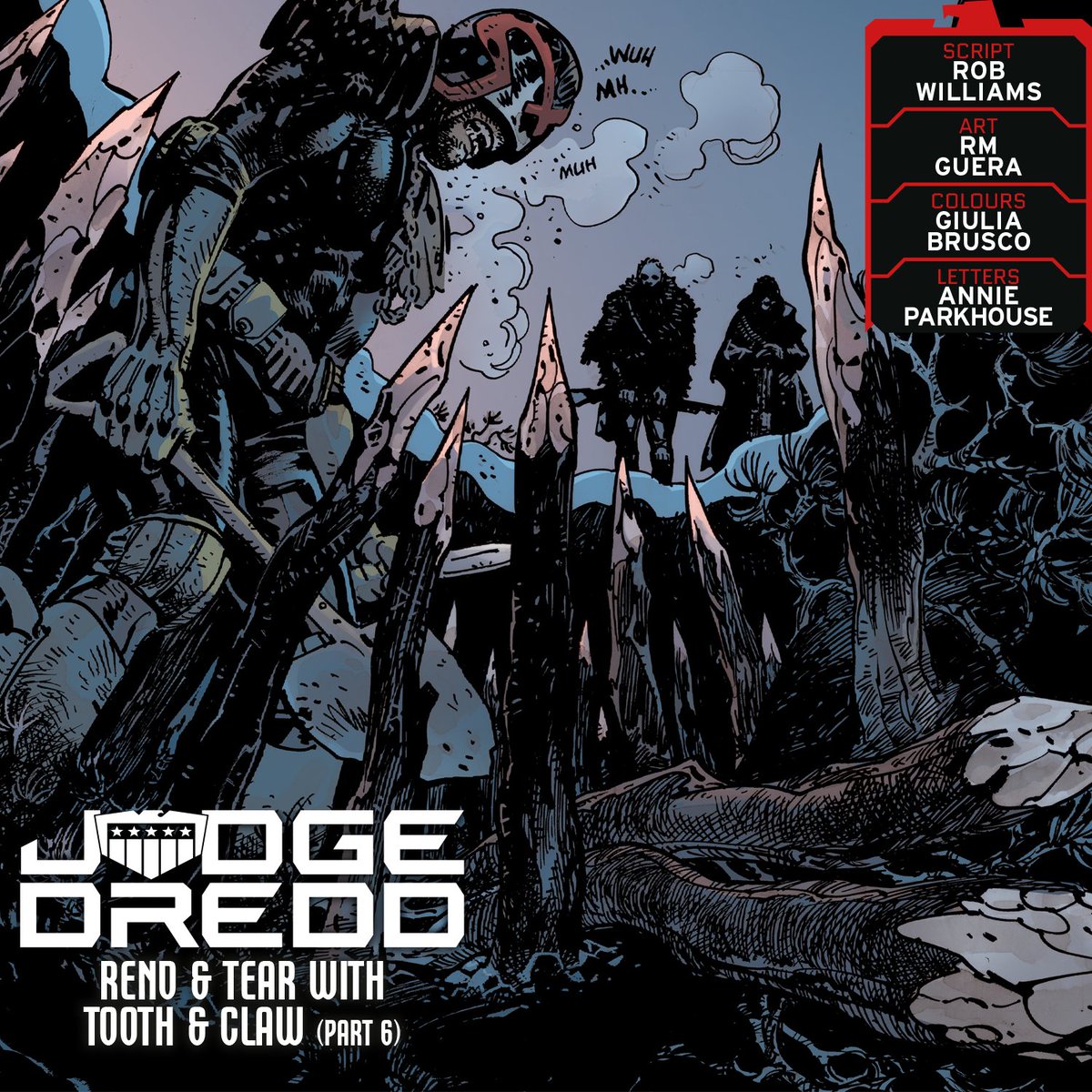 2000 AD Prog 2381 is out on 8th May - concluding JUDGE DREDD: REND & TEAR WITH TOOTH & CLAW with part six by: 📝 Script: @Robwilliams71 ✏️ Art: R.M. Guera 🎨 Colours: Giulia Brusco 💬 Letters: Annie Parkhouse Subscribe now and get zarjaz free gifts ➡️ bit.ly/2Ws04uc