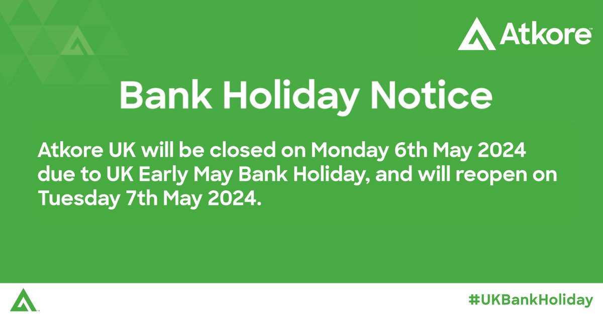 With #EarlyMayBankHoliday right around the corner, please note Atkore will be closed on Monday 6th May.

If you have any questions, please contact our sales team - ow.ly/fuIl50QU13G

#UKBankHoliday #Atkore #BuildingBetterTogether