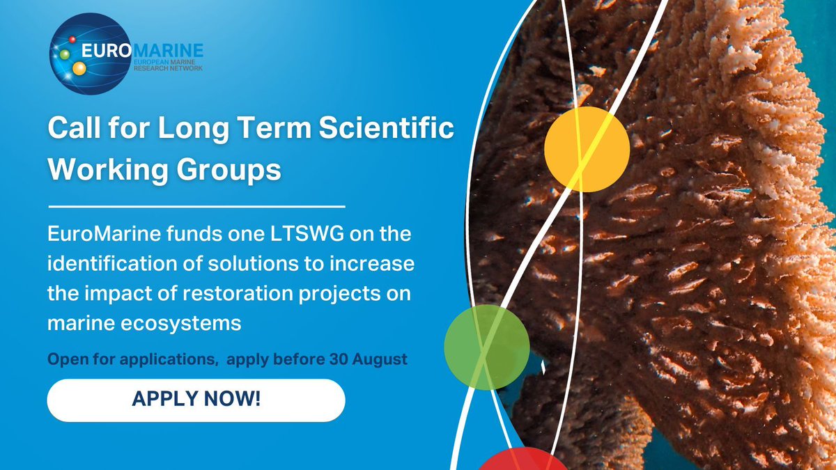 Euromarine_tw's tweet photo. 🌍📣EuroMarine is calling for proposals for Long-Term Scientific Working Groups! Establish your own #LTSWG to provide an open forum for discussion focused on identifying solutions to increase the impact of marine #ecosystem #restoration🗓️Apply by Aug 30!👉 https://t.co/i1kbfgFRuH https://t.co/X9rqMkfJVp