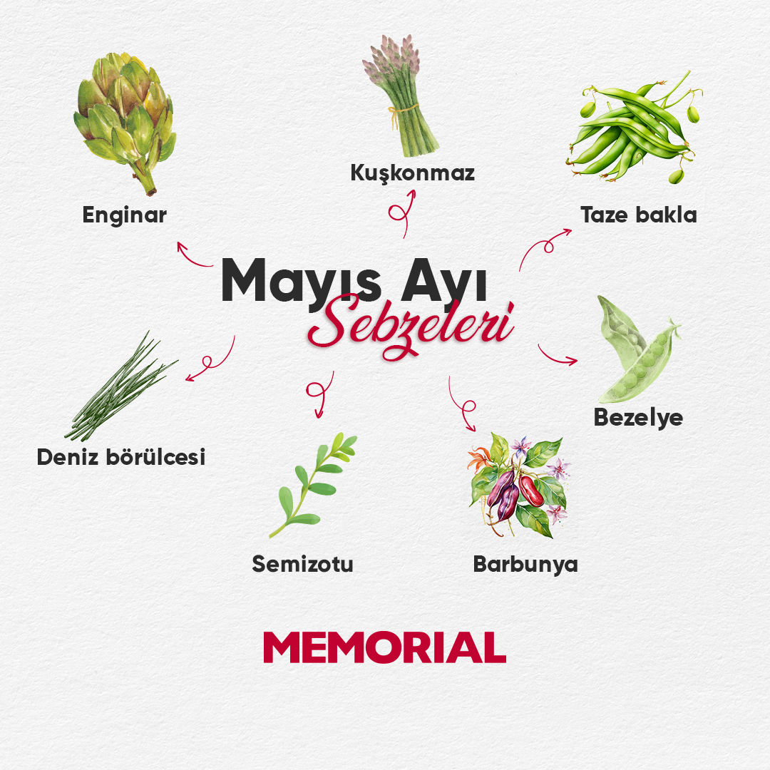 Mayıs ayı, taze ve lezzetli sebzelerin mevsimi! Enginar, kuşkonmaz ve bezelye gibi birçok #sebze bu ayda en lezzetli ve besleyici halini sunuyor. 🥦🥗 Sofralarınıza renk katacak bu sebzelerle sağlıklı tarifler yapmaya hazır mısınız? #Beslenme #SağlıklıBeslenme #MemorialSağlık